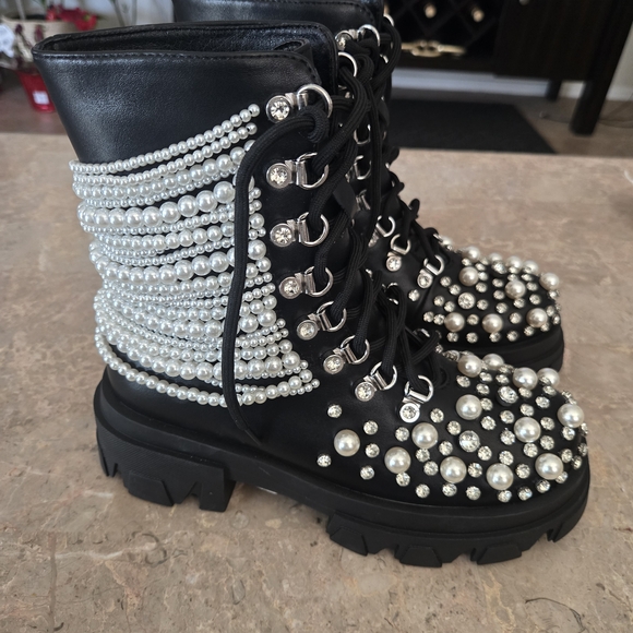 Shoes - AZALEA WANG TWINKLEY BLACK PEARL EMBELLISHED COMBAT BOOTIE.  Women's SIZE 7